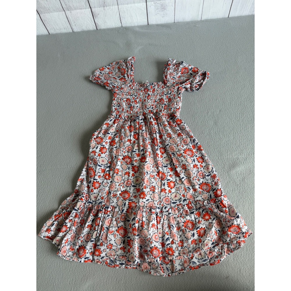 Vineyard Vines Girls  XS Floral Smocked Bodice Midi Dress Orange Pink White Puff